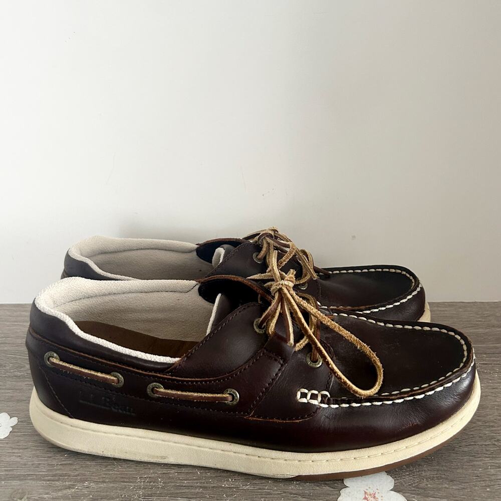 L.L.Bean Mens 10 1/2 W Boat Shoes Leather Dark Brown & Tan Casual EUC
